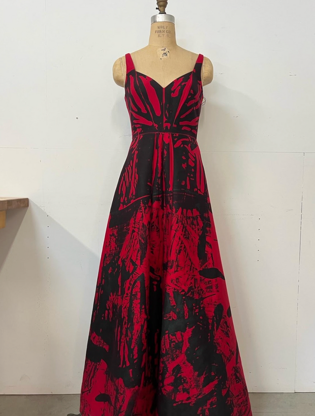 Simon Ungless - Vintage Halston Red Dress with Black Roadkill and Feather Print