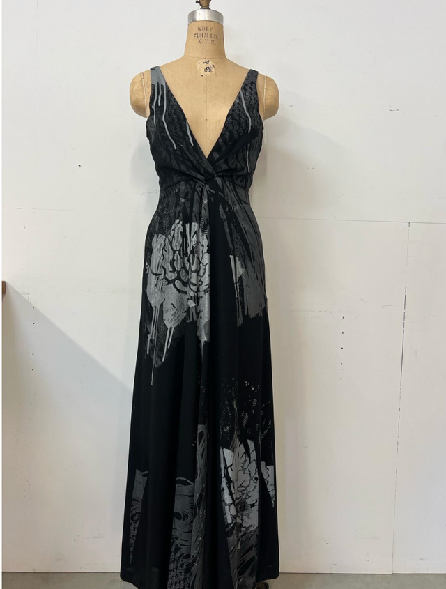 Simon Ungless - Black Crepe Dress with Shades of Silver Dripping Rose