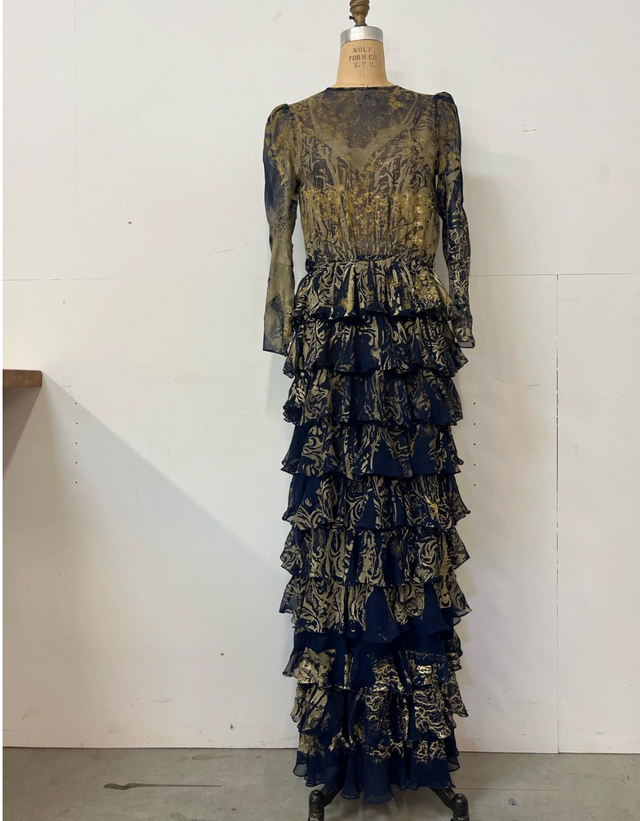 Simon Ungless - Midnight Blue Chiffon Ruffle Dress with Shades of Gold Lace Roadkill Print